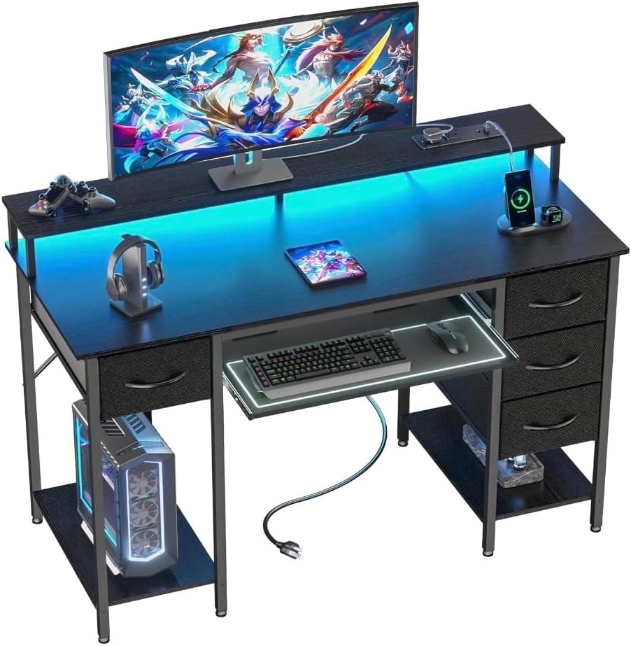 Escritorio para computadora con cajones y tomas de corriente, escritorio de juegos de 55 pulgadas con luces LED, escritorio de oficina en casa con