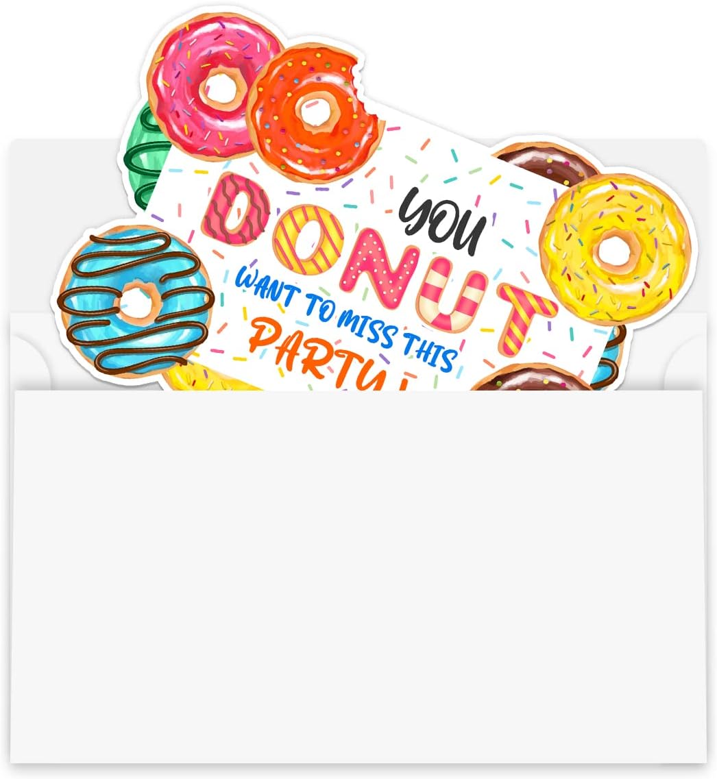 30 invitaciones de fiesta de donas con sobres, suministros de decoración de fiesta de cumpleaños de donas