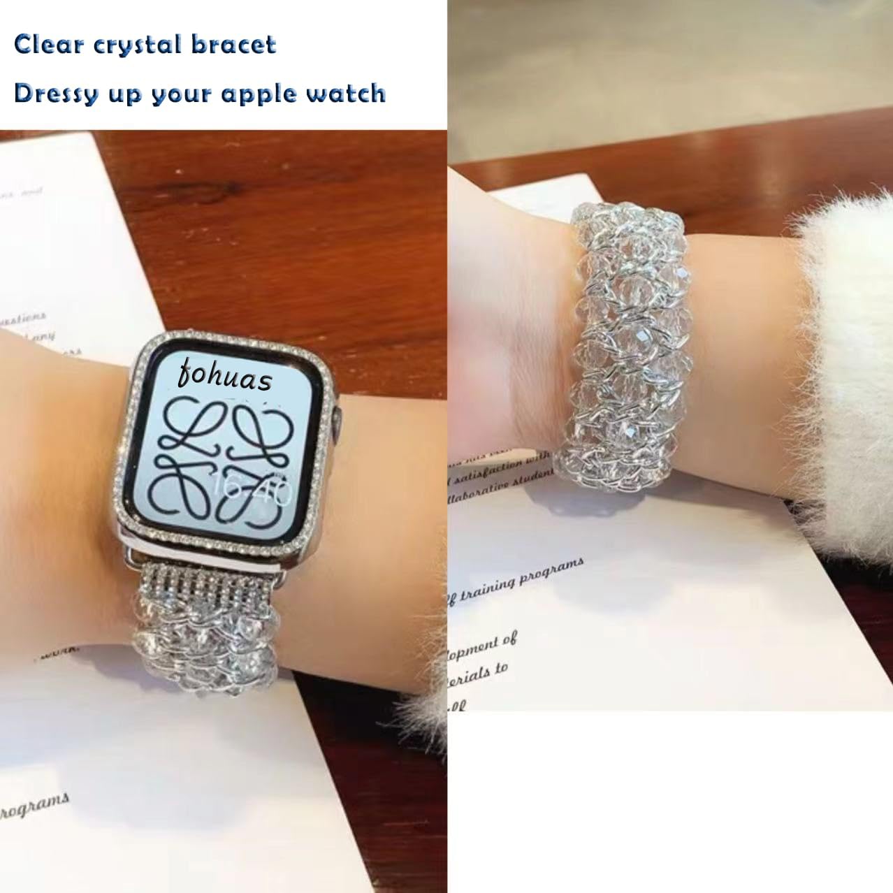 fohuas – Pulsera de cuentas con purpurina compatible con Apple Watch para mujer, transparente de 1.496 in, 1.575 in, 1.614 in, 1.654 in, 1.732 in,