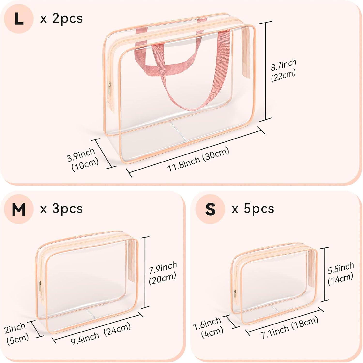 TISRATOK 10 piezas de maquillaje de viaje transparente, plástico PVC cosmético aprobado por la TSA kit organizador con cremallera bolso, anaranjado,