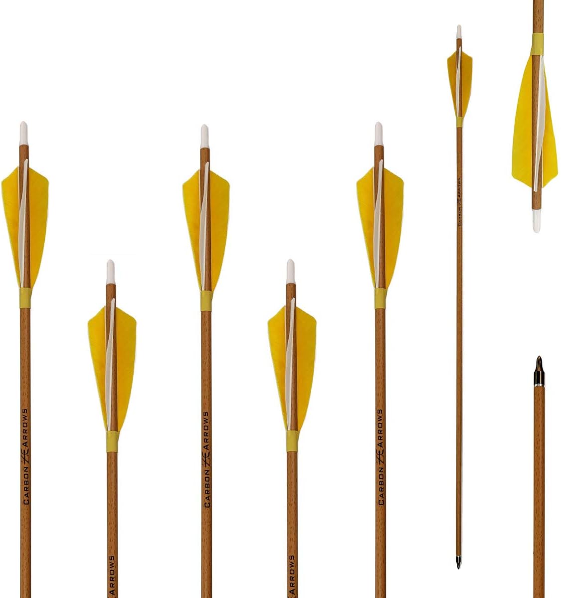 Archery – Flechas de carbono 500 columna vertebral con plumas helicoidales reales y puntas extraíbles para arco recurvo compuesto (paquete de 6)