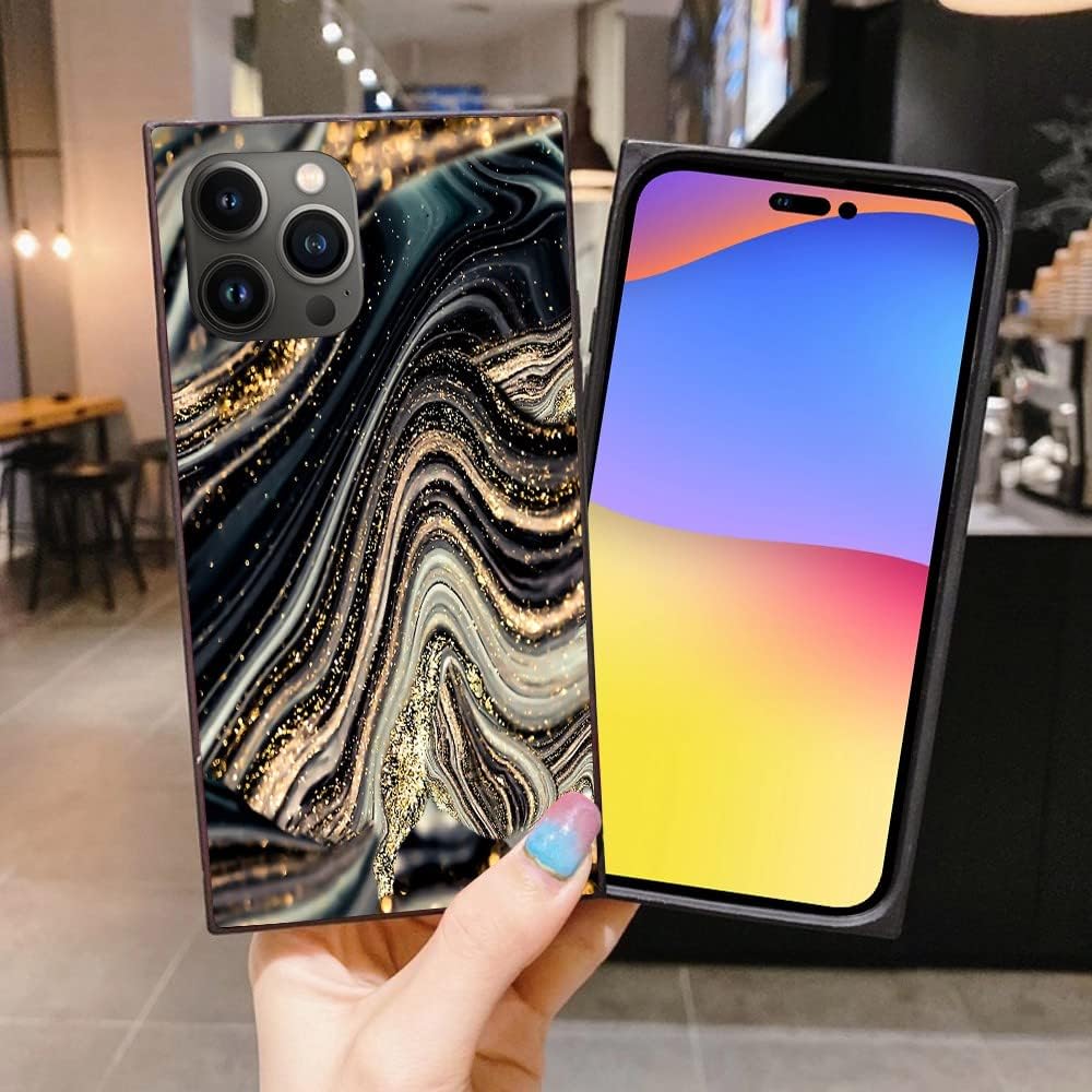Funda cuadrada de lujo para iPhone 15 Pro Max, funda cuadrada con diseño de mármol de geoda de ónix negro y dorado para mujeres y hombres, funda de