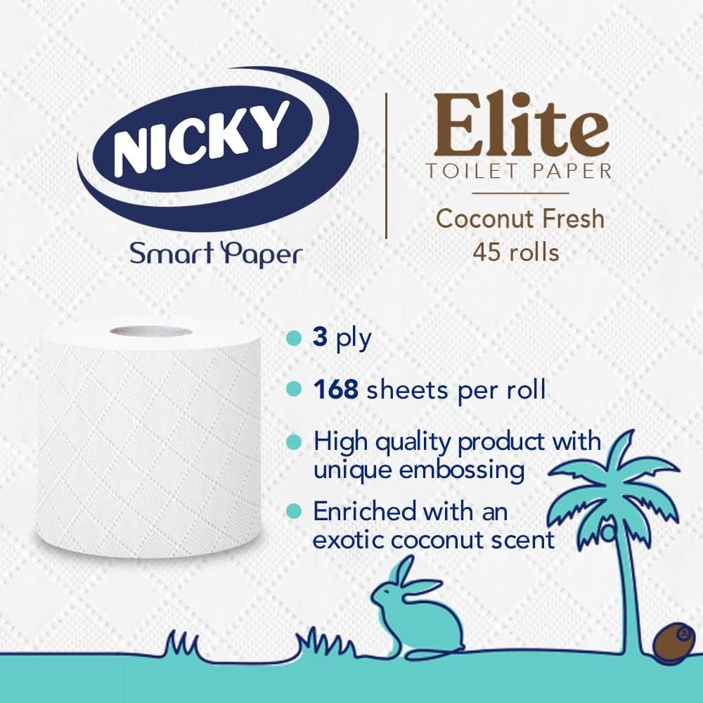 Nicky Elite Coconut Fresh – Papel higiénico con 45 rollos de papel higiénico blanco, 168 hojas por rollo, 3 capas, aroma exótico de coco, suavidad y
