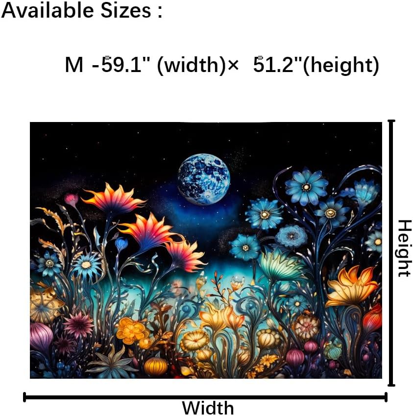 Tushelia Tapiz de plantas florales, tapiz de luna de fantasía, tapiz de flores trippy, tapiz misterioso de cielo estrellado, tapiz negro estético