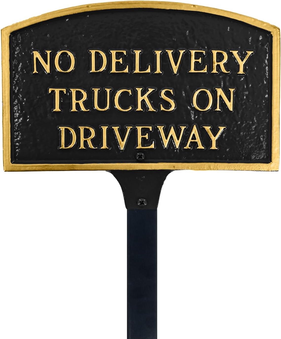 Letrero de placa con diseño de arco con texto en inglés “No Delivery Trucks on Driveway” – Placa de visualización de pared o césped – Señal de