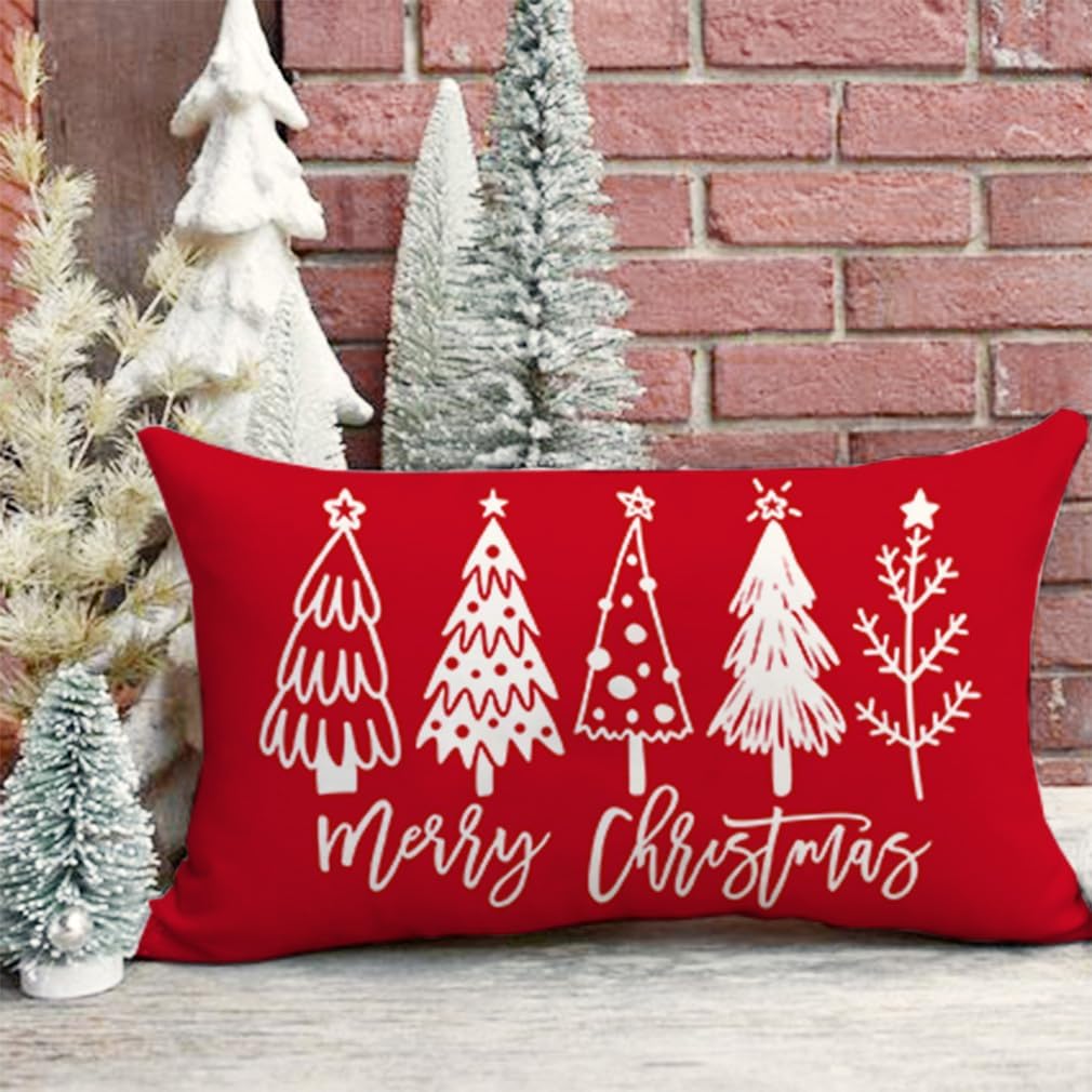 Fundas de almohada de árbol de Navidad de 12 x 20 pulgadas, almohadas lumbares rojas de Navidad, fundas decorativas modernas de casa de campo,