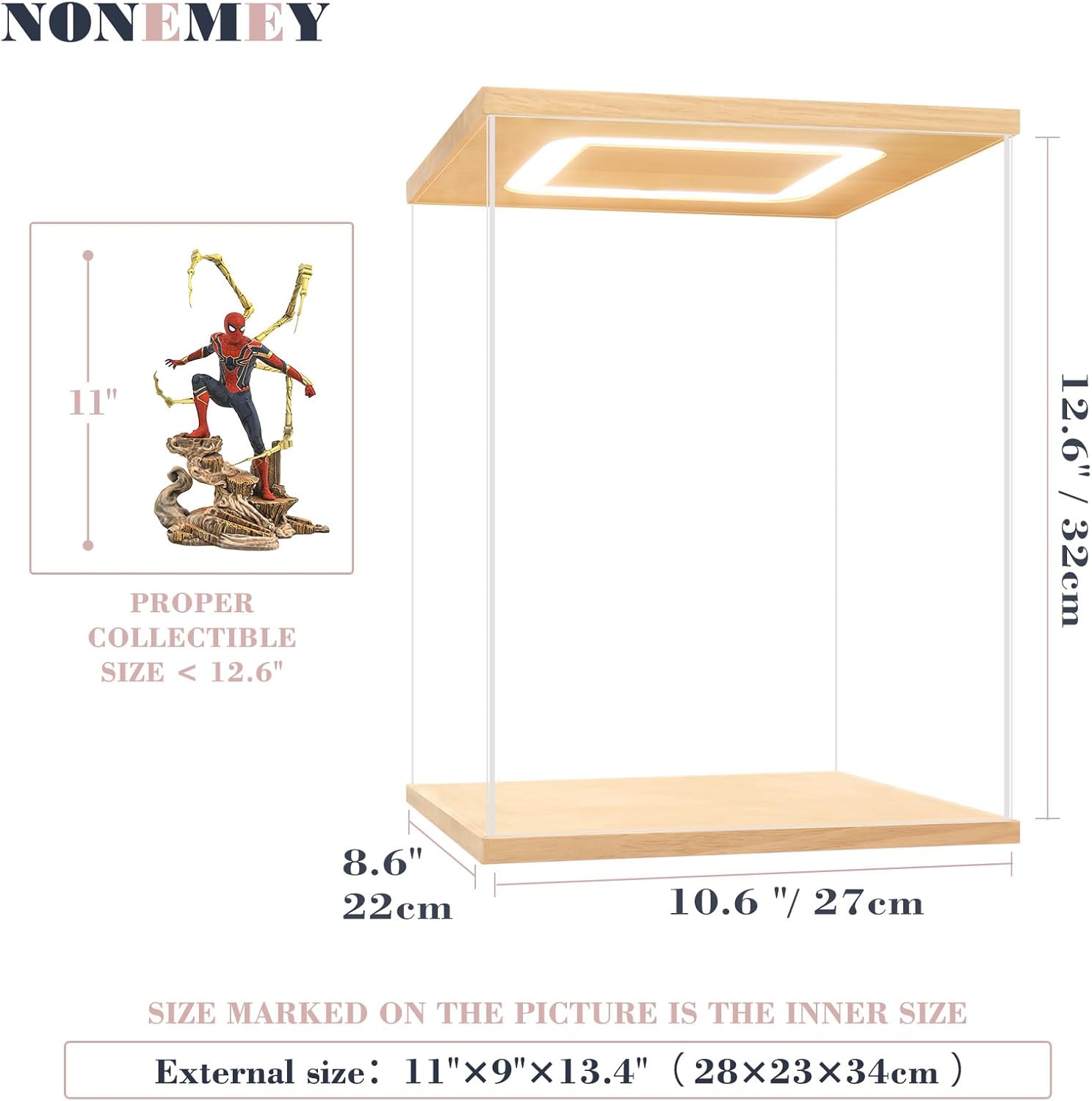 NONEMEY Vitrina de acrílico con luz LED para coleccionables, soporte de acrílico transparente para exhibición, protección a prueba de polvo, caja