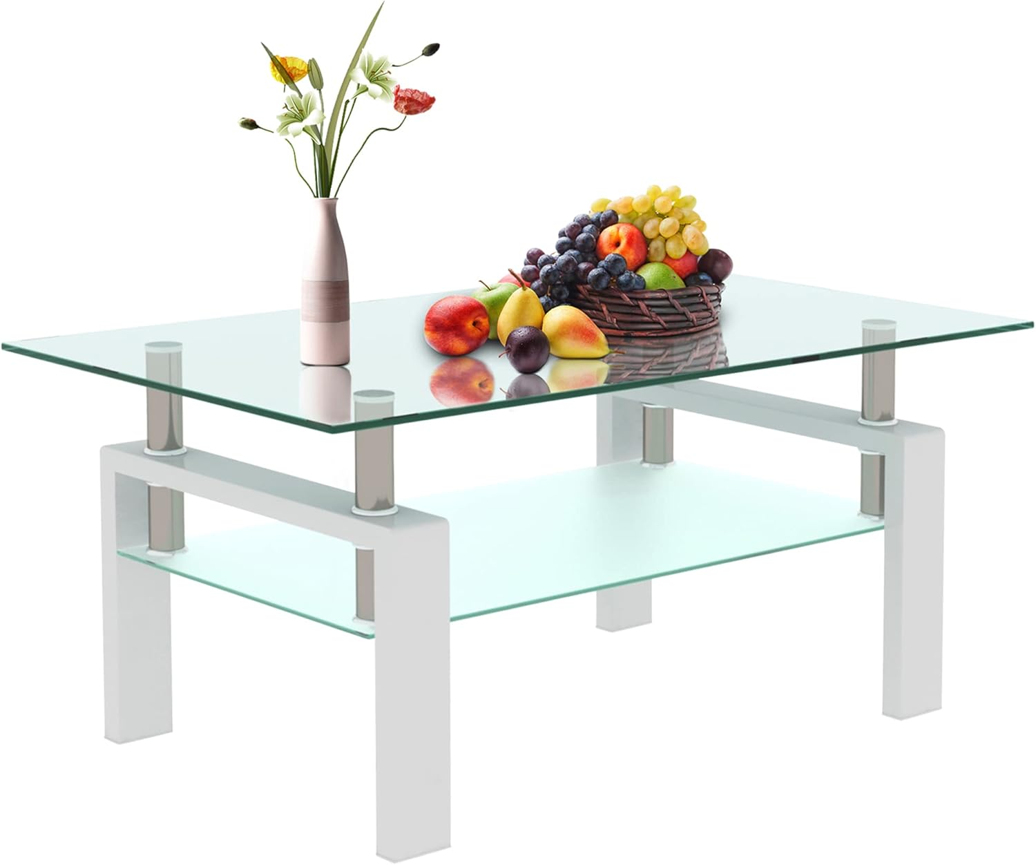 Mesa auxiliar de cristal para sala de estar, mesa de cóctel Mordern blanca de 2 capas para sofá con almacenamiento rectangular de vidrio templado,