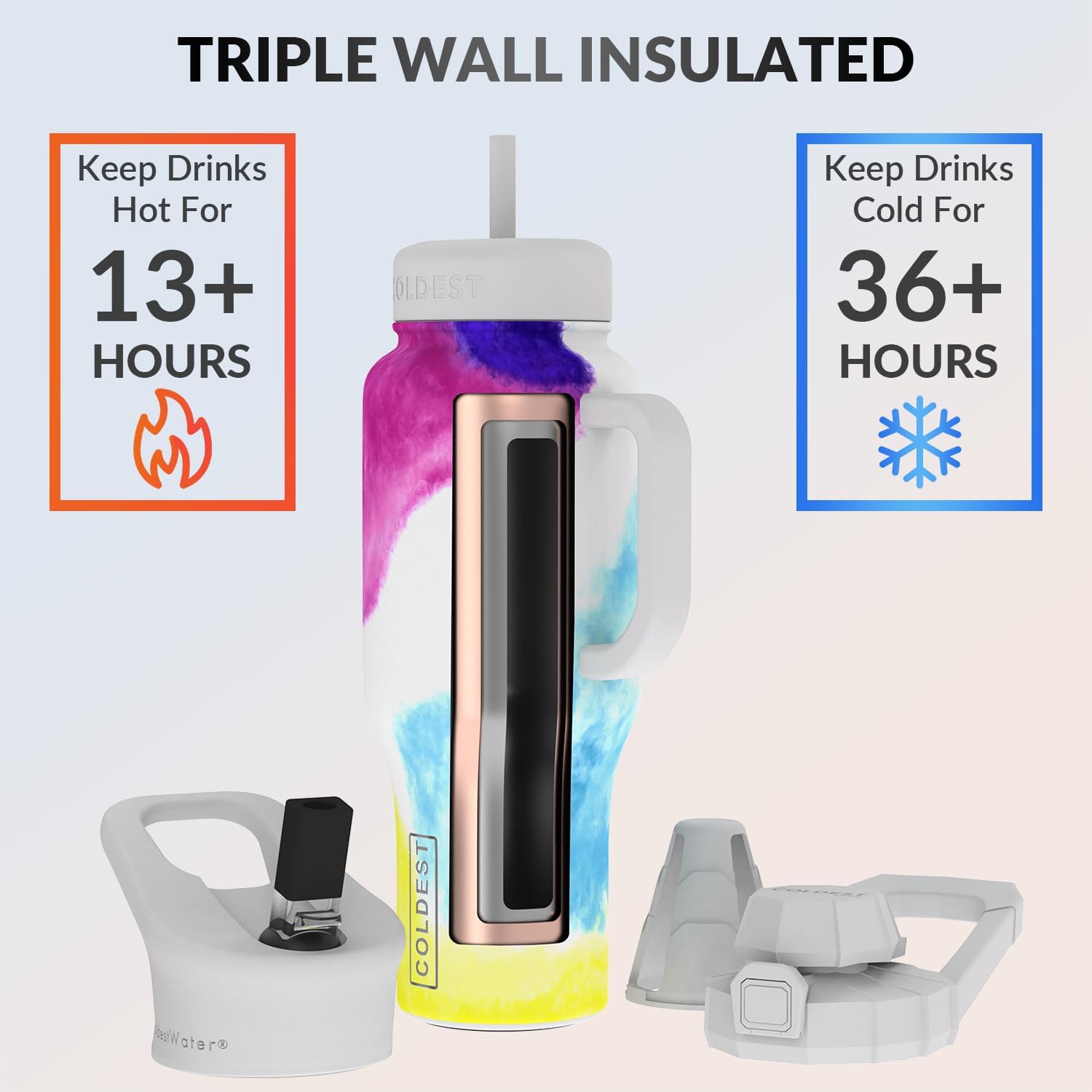 Coldest – Vaso con asa y tapa con pajilla, 3 tapas aisladas, reutilizable, de acero inoxidable, taza de viaje, regalos para mujeres, él y ella,