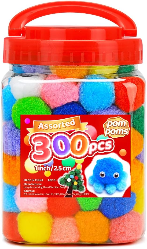 Iooleem Pompones multicolores, 300 pompones de 1 pulgada, para artes y manualidades, bolas de pompones, pompones para manualidades.