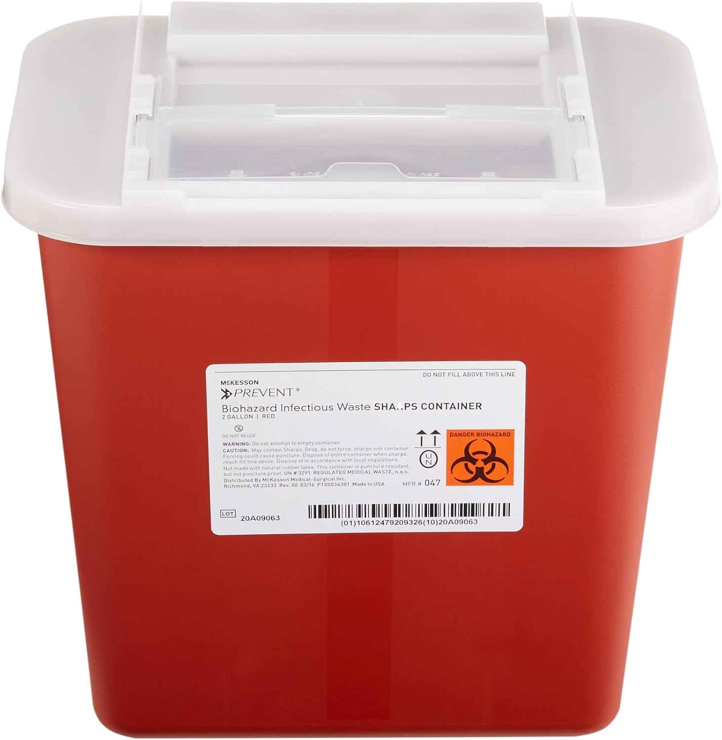 McKesson Contenedor para objetos punzantes infecciosos para evitar riesgos biológicos, plástico, entrada horizontal, tapa deslizante translúcida,