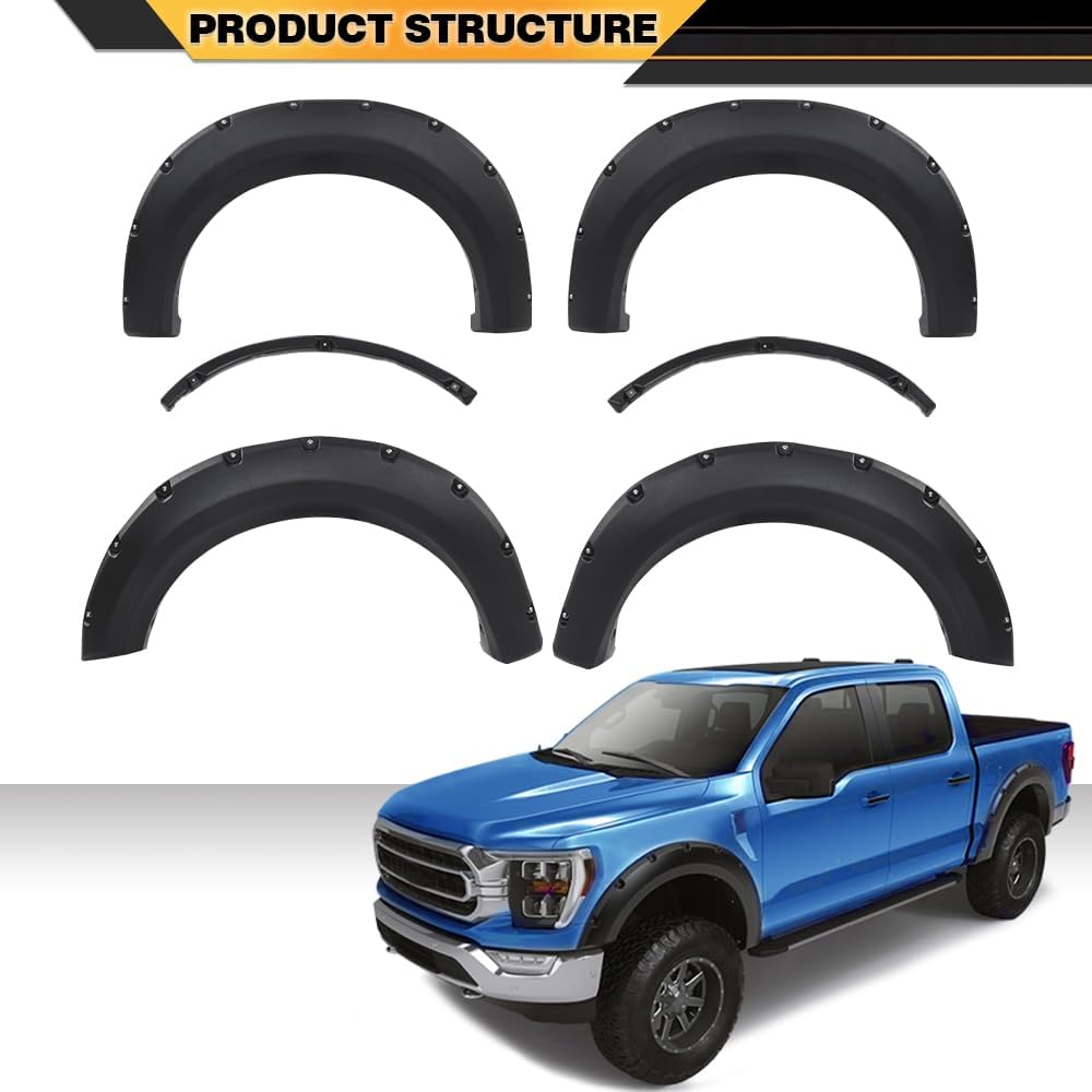 CNNELL Fender Flares – Funda de rueda negra con textura de remache de bolsillo, 4 piezas, compatible con Ford F150 09-14 Styleside solo con modelos