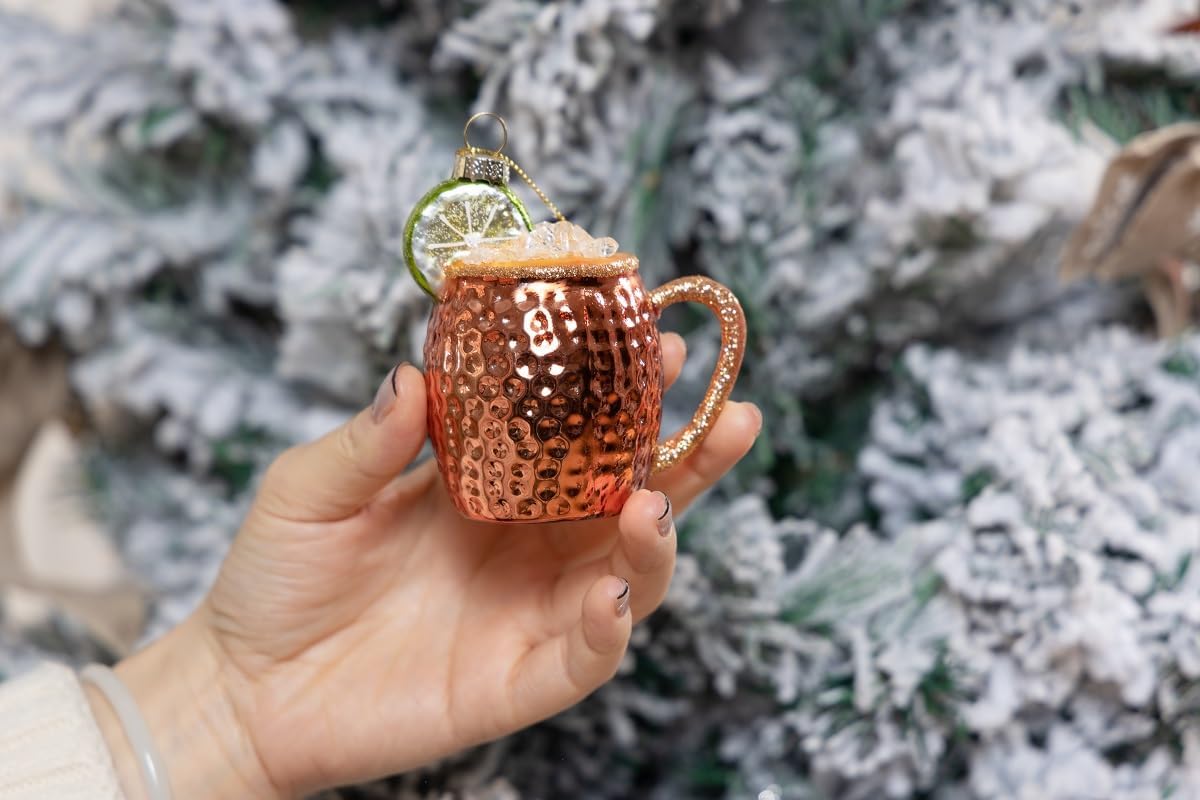 Juego de 2 adornos de Navidad soplados de vidrio soplado Moscow Mule, adornos de cóctel de vidrio soplado para decoración de árbol de Navidad