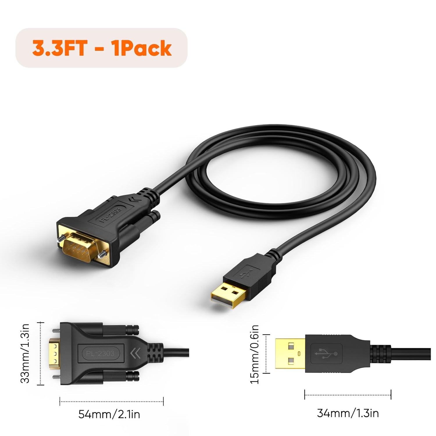 CableCreation Cable USB a serie RS232 de 3.3 pies con chip PL2303 Prolific, adaptador DB9 para Windows 11,10, 8,1, 8,7, Linux, Mac OS, 1Mnegro
