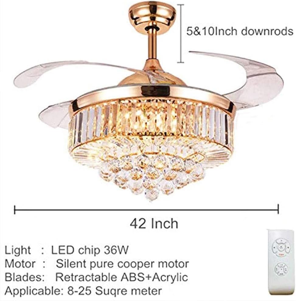 LUOLAX Candelabro de techo de cristal moderno de 42 pulgadas y control remoto, 3 colores y 3 velocidades de cambio, lámpara LED retráctil para sala