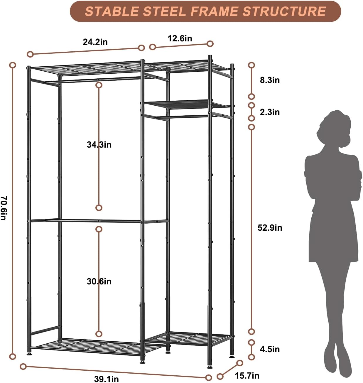 Armario portátil, estantes de ropa independientes para colgar ropa con 3 barras para colgar y 5 estantes, perchero de metal para ropa, sistema
