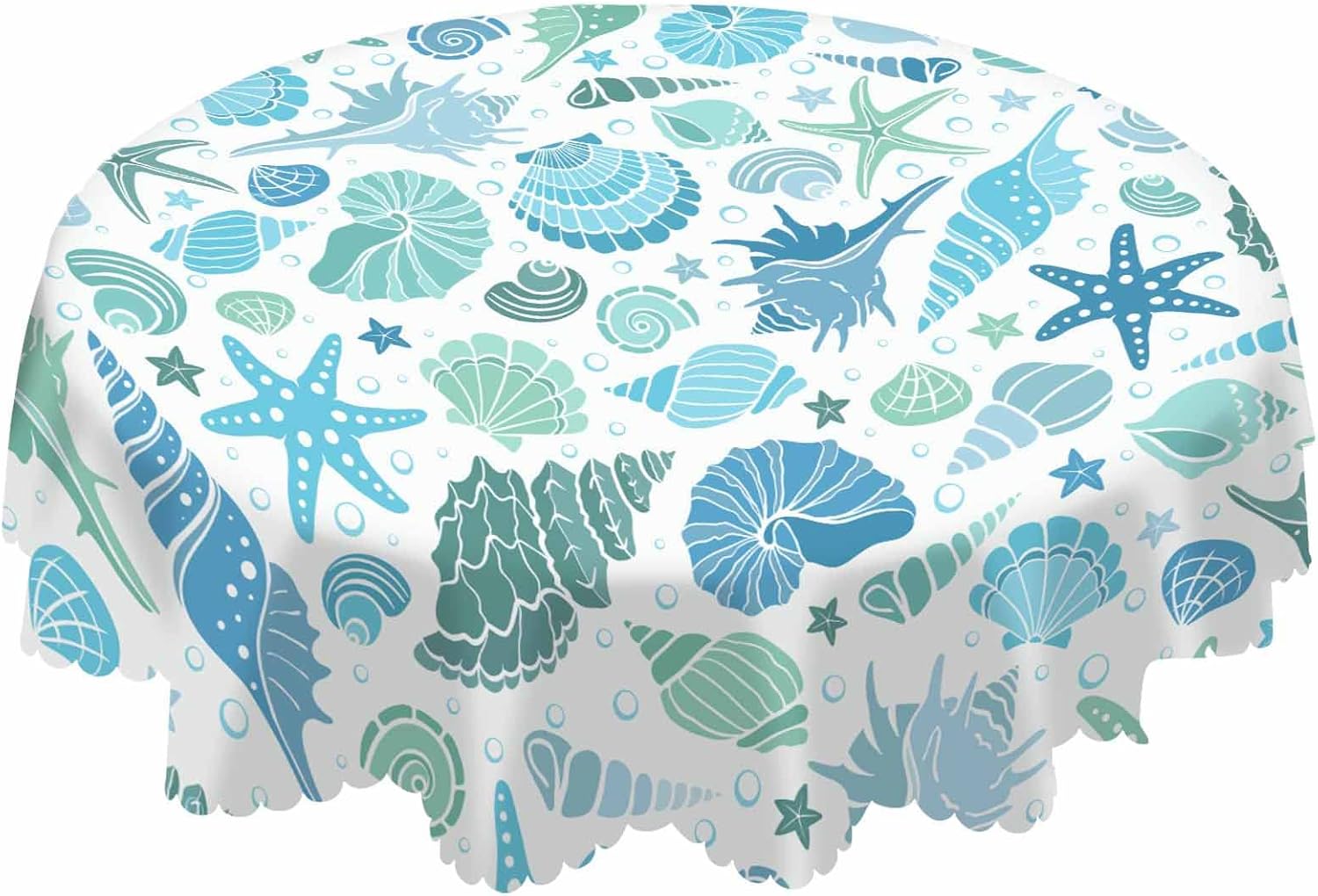 AOYEGO Mantel redondo de verano con diseño de estrellas y conchas marinas, conchas y estrellas de mar y conchas azules, 60 pulgadas para comedor,