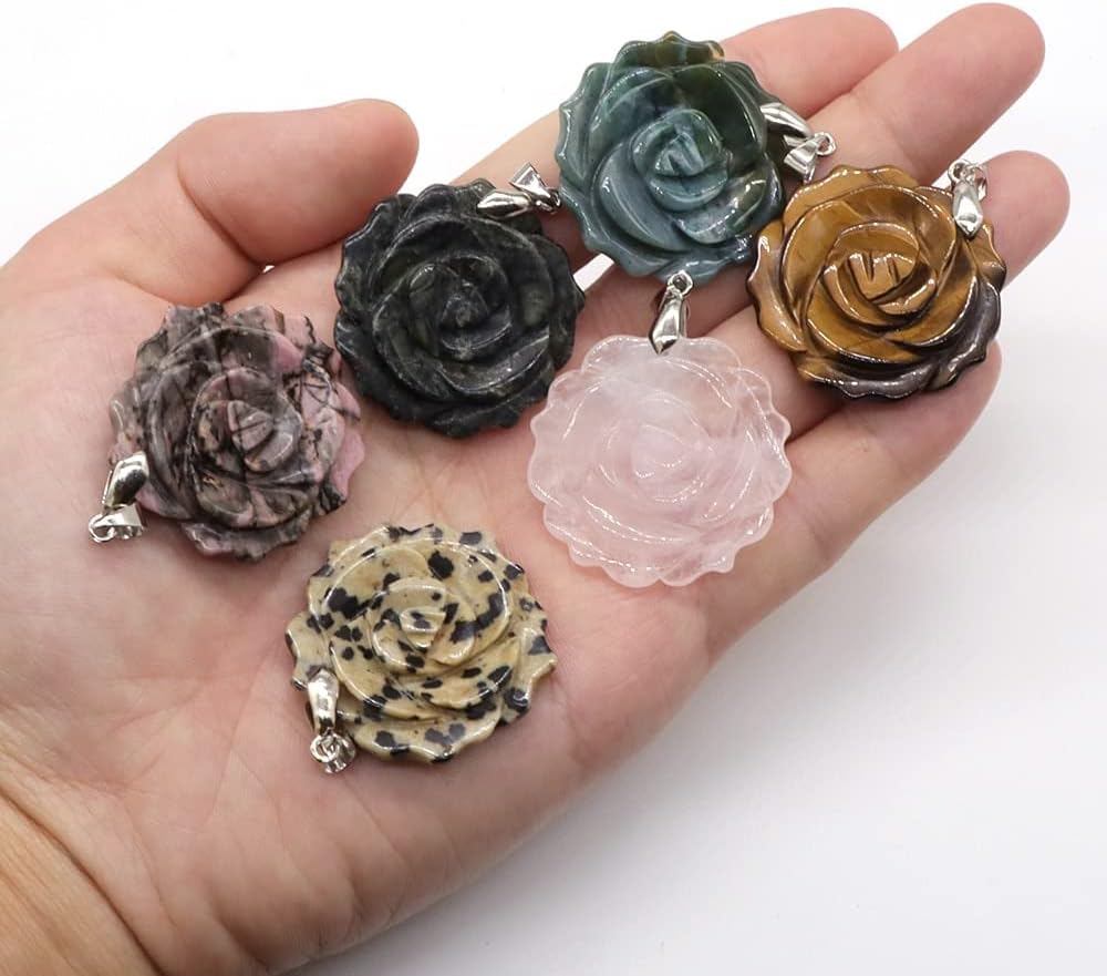 Colgante de cristal natural de 1.3 pulgadas, piedra preciosa tallada en el centro de la flor de rosa tallada, obsidiana negra, lapislázuli, para
