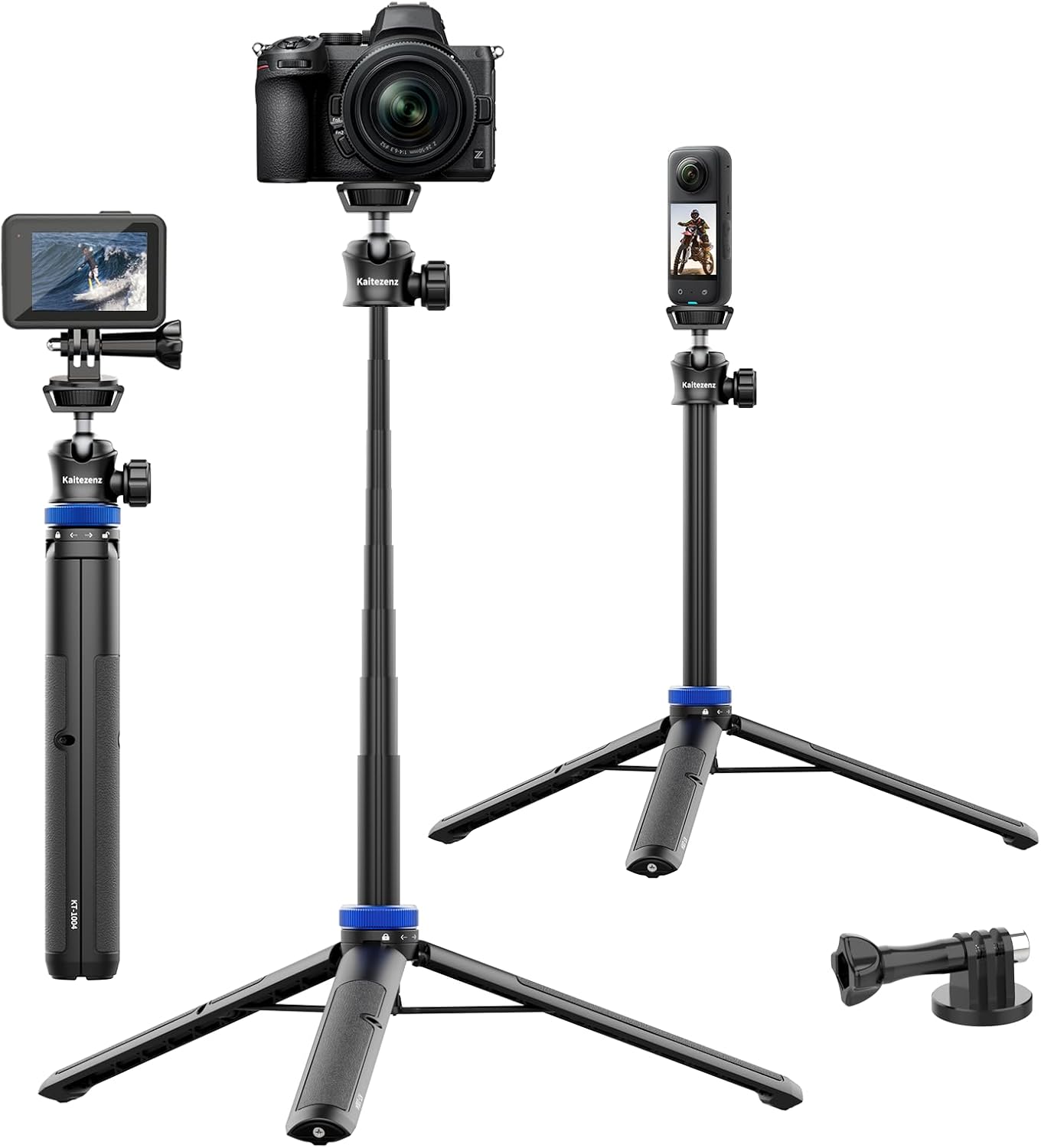 Kaitezenz Trípode selfie stick para cámara GoPro, soporte de trípode extensible de 62 pulgadas con cabeza de bola de 360 tornillo de 14 pulgadas,