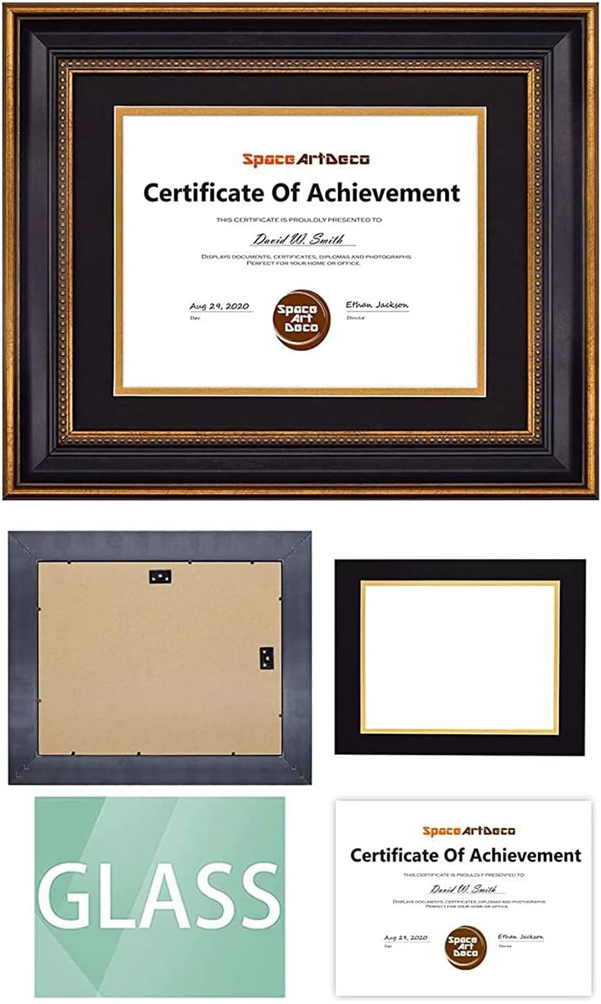 Space Art Deco, Marco de diploma de 11 x 14 pulgadas con paspartú doble negro sobre dorado para colgar certificados y documentos de 8.5 x 11