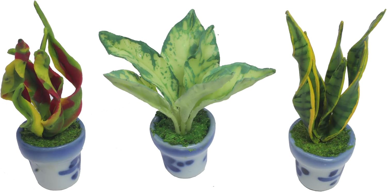 3 piezas 112 casa de muñecas plantas artificiales en miniatura en maceta de cerámica, Codiaeum Variegatum, Aglaonema, Sansevieria accesorios de casa