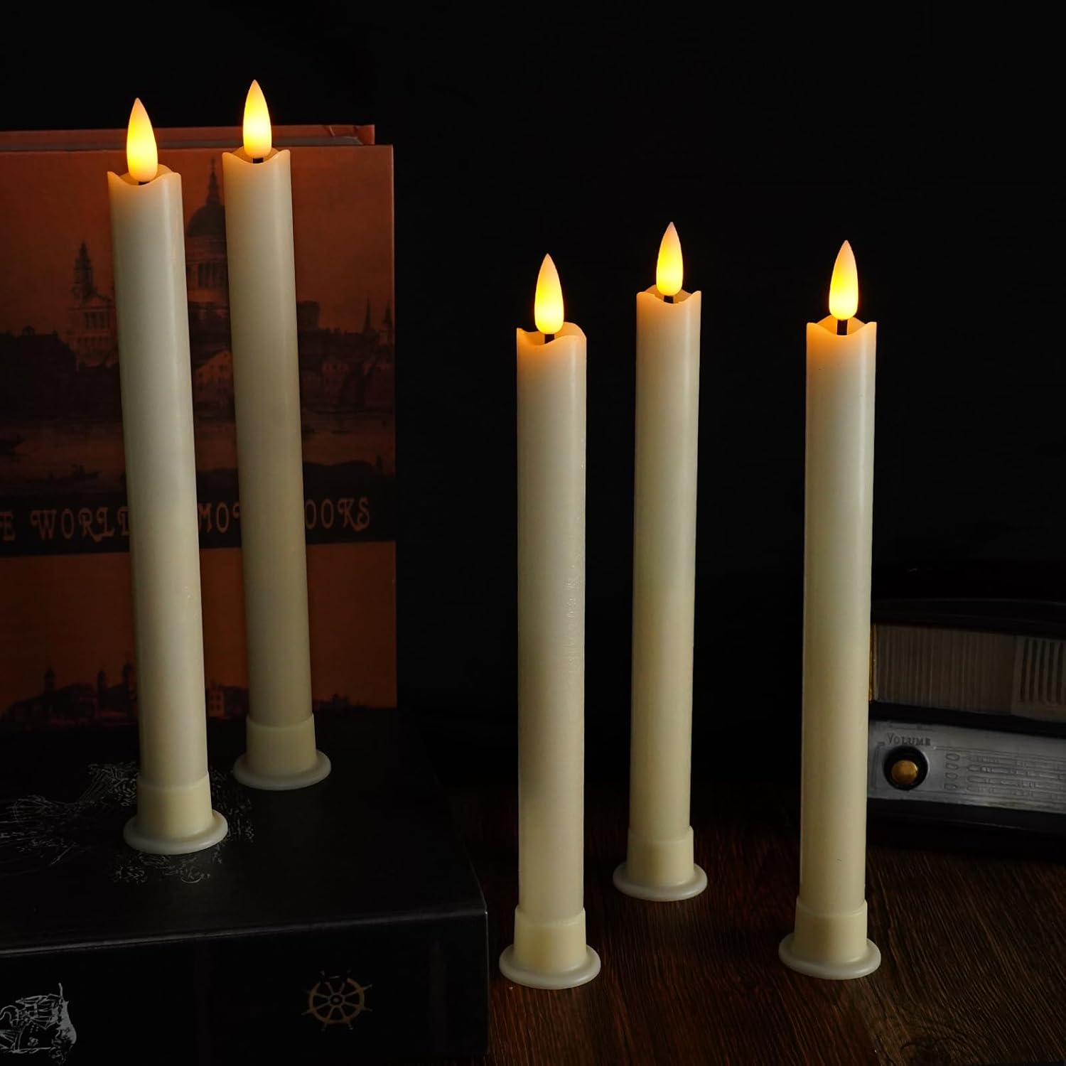 Velas cónicas sin llama de cera real marfil con temporizador remoto, 6 velas LED cónicas que funcionan con pilas, velas LED de 9.6 pulgadas con 6