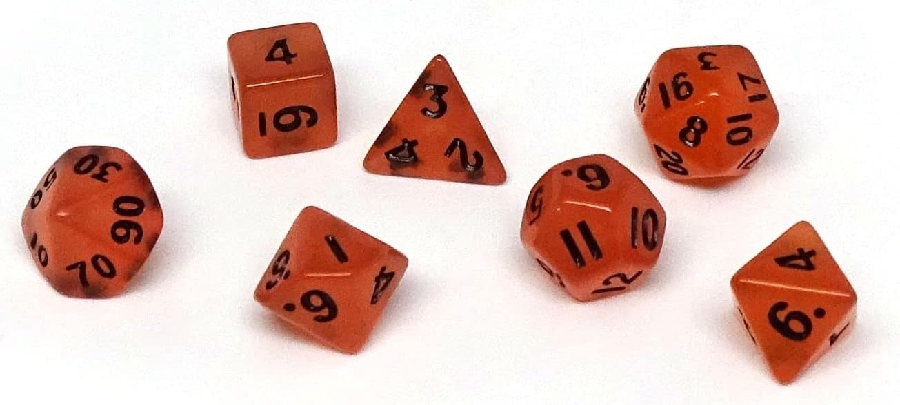 Mini colección de dados poliédricos de 0.394 pulgadas, incluye una colección D20, D12, D10, D8, D6, D4 y D00 (naranja que brilla en la oscuridad)