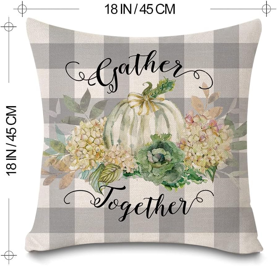 Juego de 4 fundas de almohada de calabaza otoñal de 18 x 18 pulgadas, diseño de calabaza, gris, búfalo, a cuadros, para otoño, Acción de Gracias,