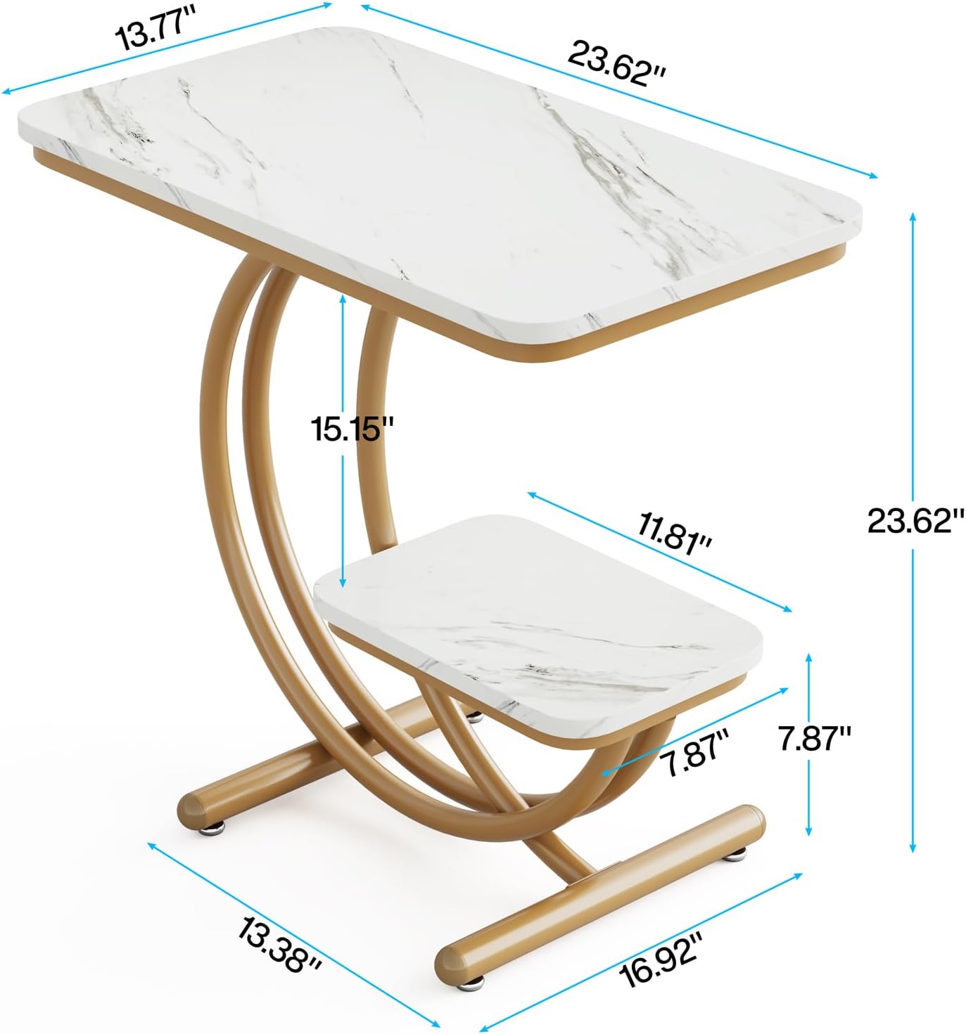 Mesa auxiliar moderna de 2 niveles con mesa de mármol sintético para sala de estar, mesita de noche en forma de C blanca y dorada para dormitorio,