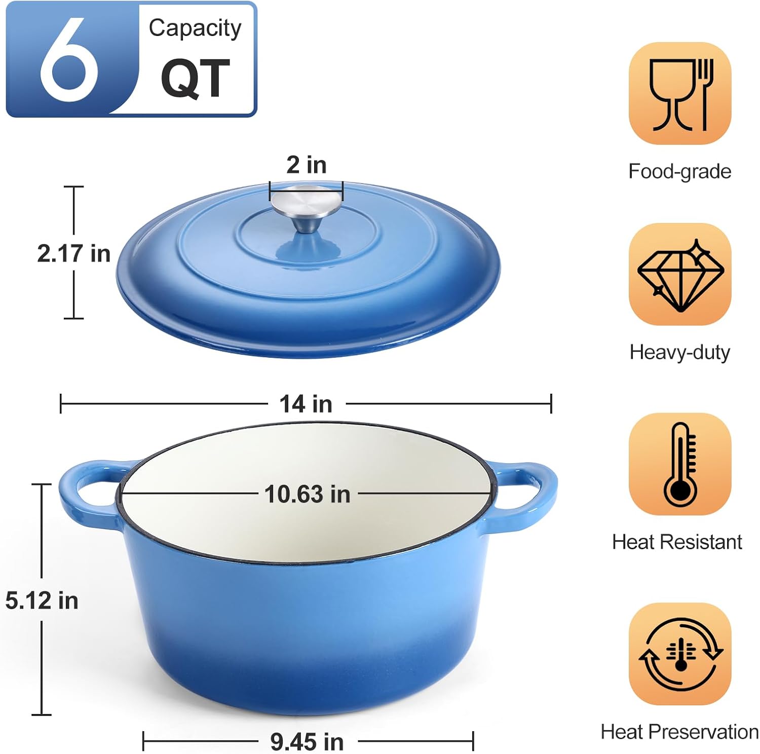 P&P CHEF – Horno holandés esmaltado de 6 cuartos de galón con tapa, olla de horno holandés de hierro fundido, olla redonda esmaltada para estofar,