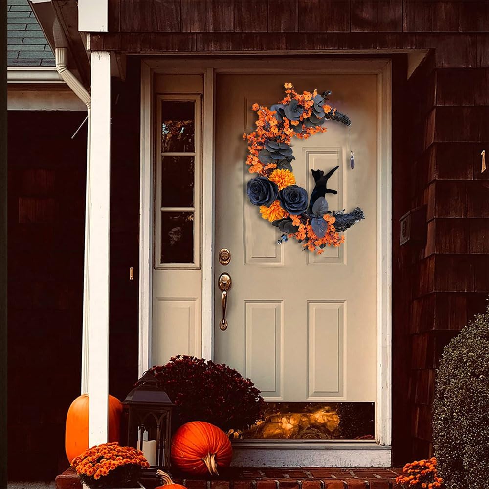 Corona de puerta de Halloween con luz, corona de gato de luna creciente con rosa, coronas de Halloween negras para decoración de pared de ventana de