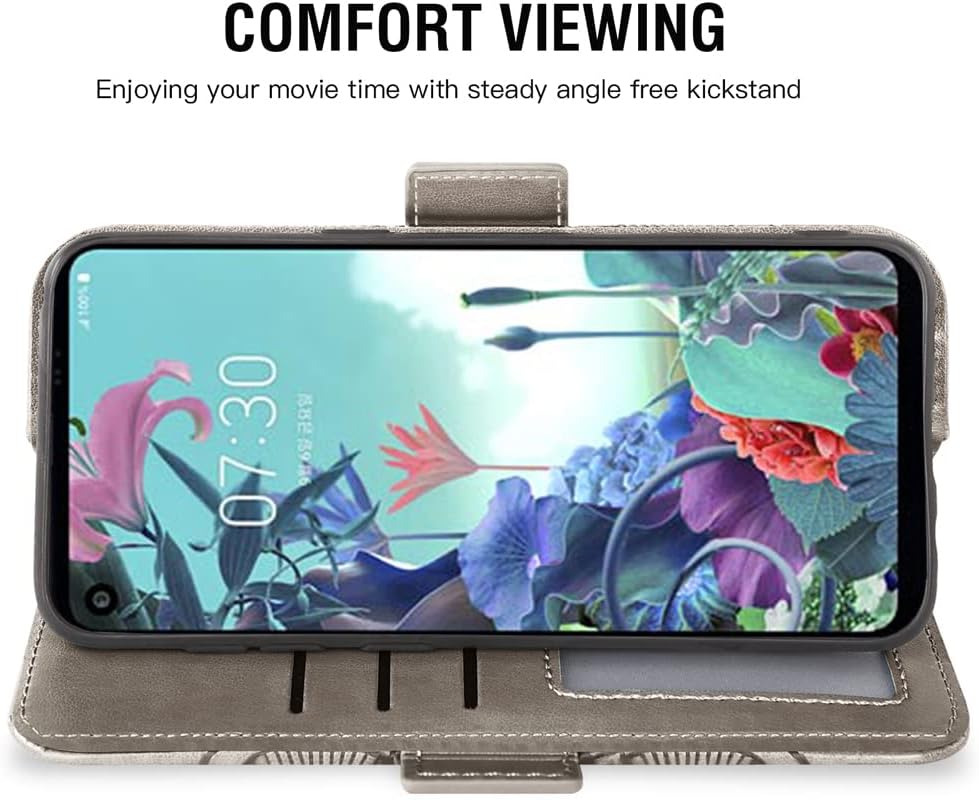 Asuwish Compatible con LG Q70 – Funda tipo cartera y protector de pantalla de vidrio templado, funda de cuero con tapa para tarjetas de crédito,