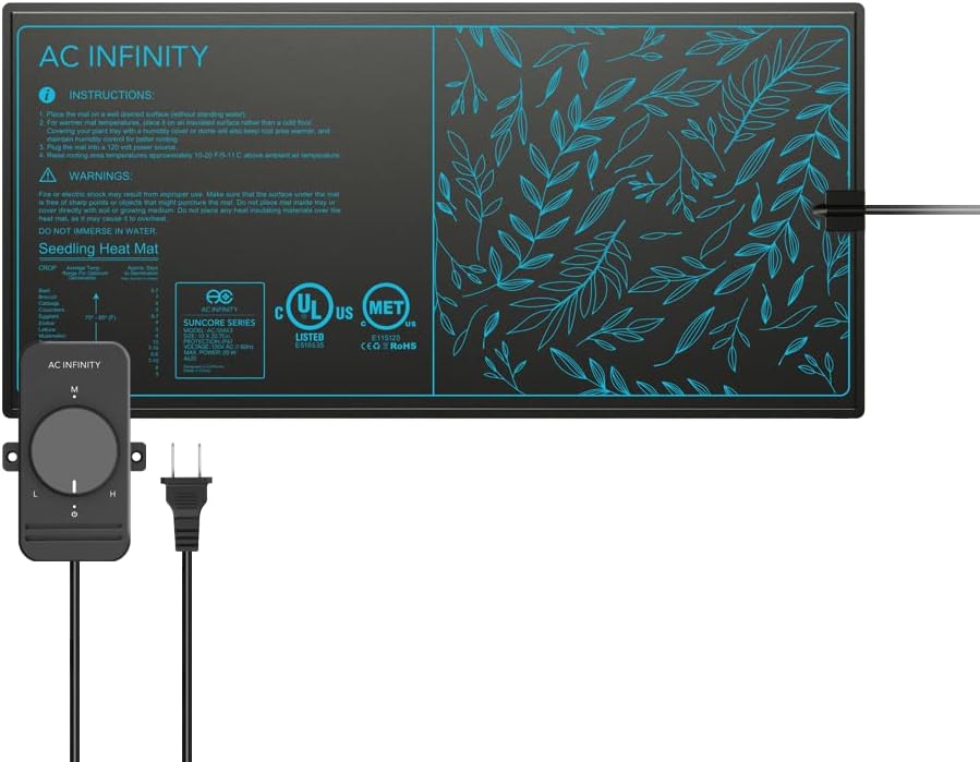 AC Infinity SUNCORE S3 – Alfombrilla impermeable para plántulas con controlador de calor de 10 x 20.75 pulgadas, almohadilla térmica con