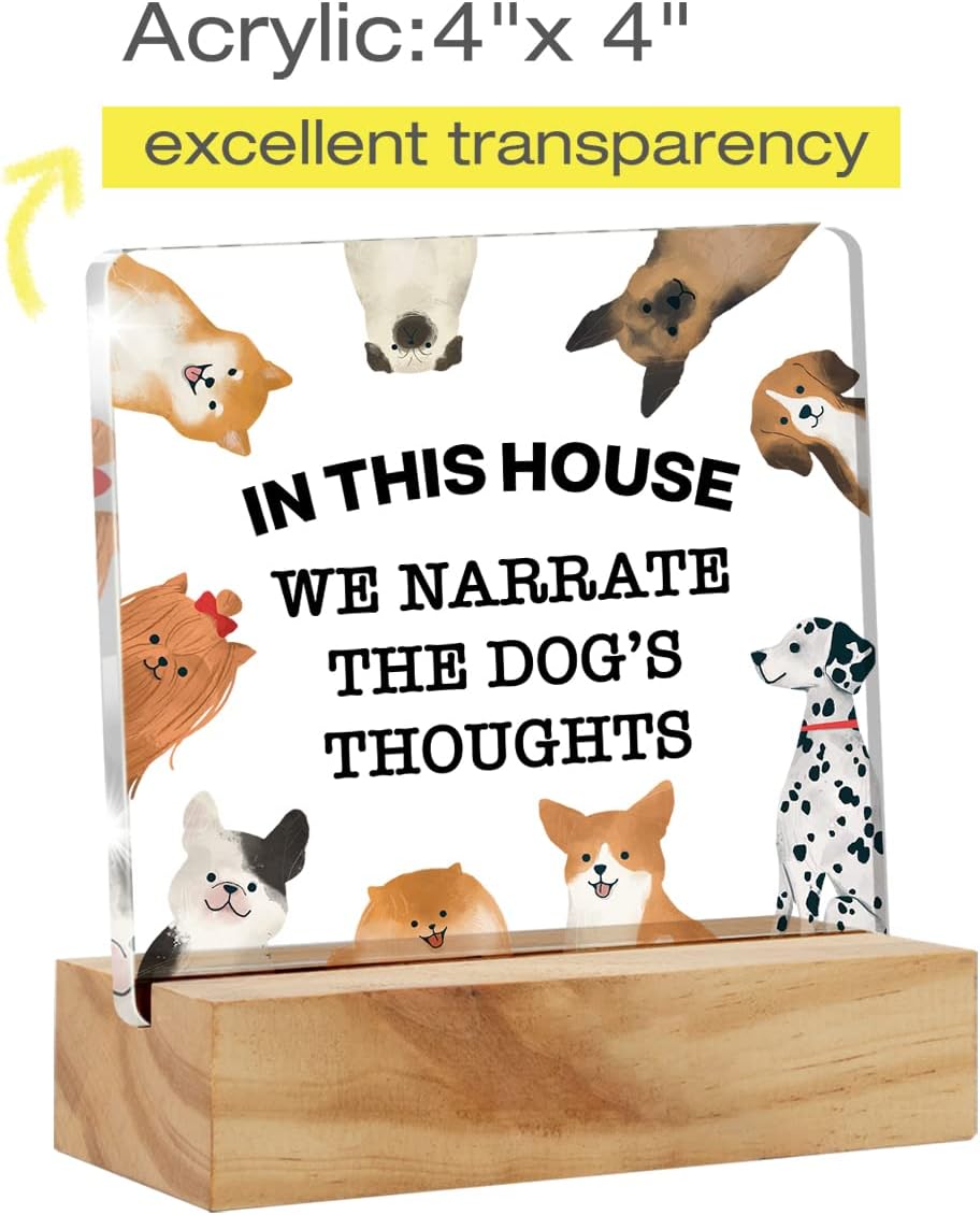 Letrero acrílico para escritorio con frase en inglés “Dog Quote in This Home We Narrate the Dog’s Thoughts”, decoración de escritorio de acrílico