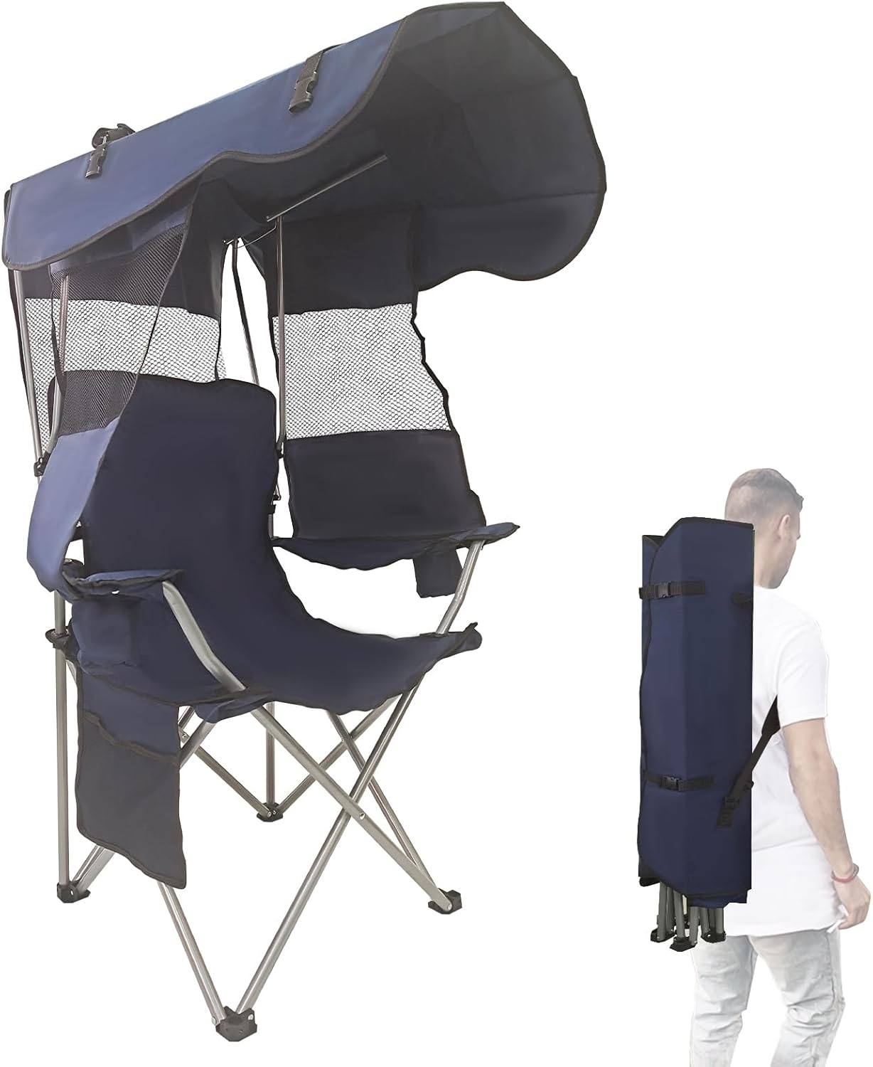 BDL Silla de camping con toldo plegable portátil con soporte para tazas, persianas laterales, bolsillo lateral para campamento, playa, pesca,
