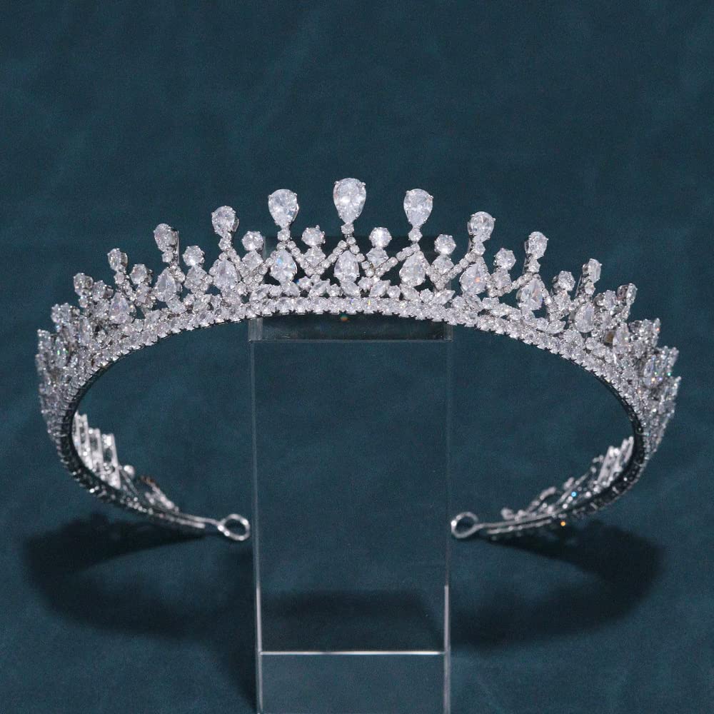 FASNAHOK Corona de boda con circonita cúbica completa, tiaras de novia, tocados alargados para concursos de belleza, hechos a mano, accesorios de