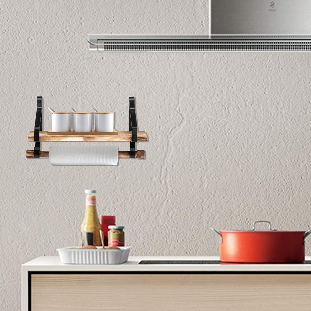 Estantes de pared de madera con toallero, estante de especias de cocina de madera rústica con barra de toalla y 8 ganchos extraíbles para baño,