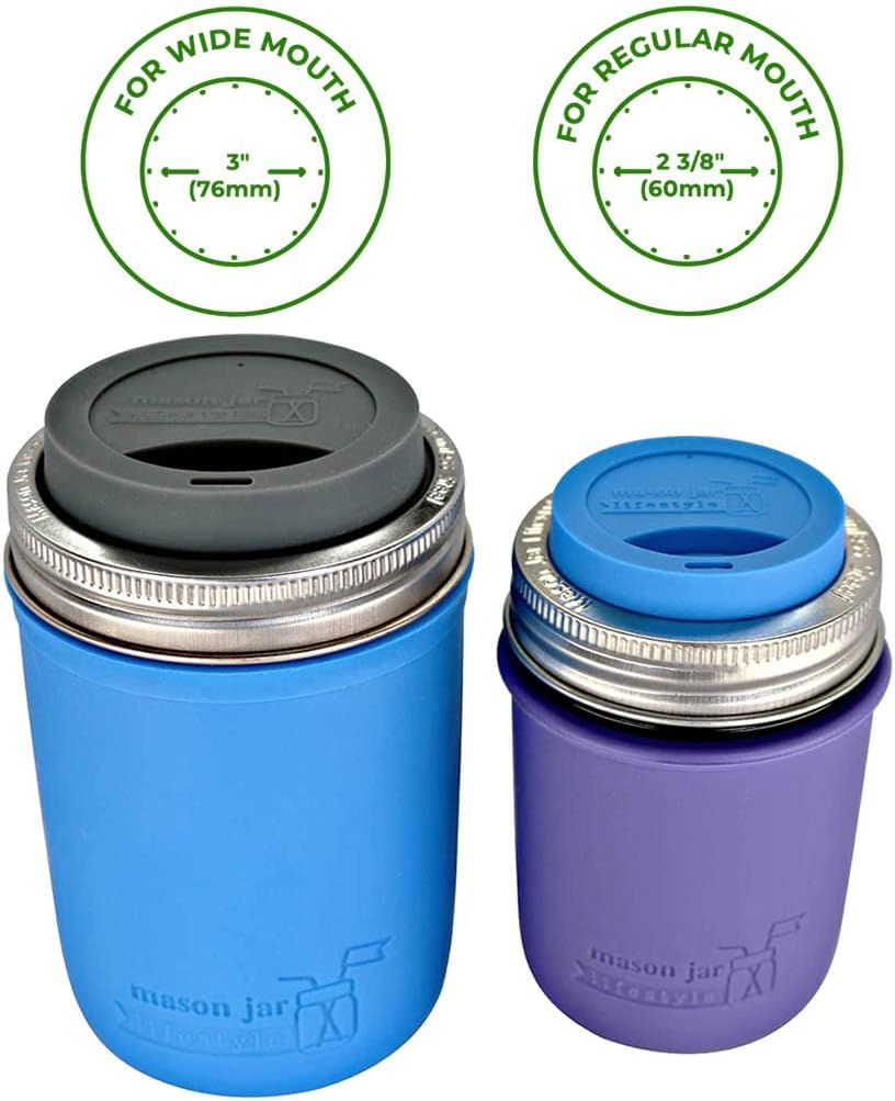 Mason Jar Lifestyle – Tapas de silicona para beber con bandas de acero inoxidable a prueba de óxido (paquete de 2, aguamarina, boca regular)