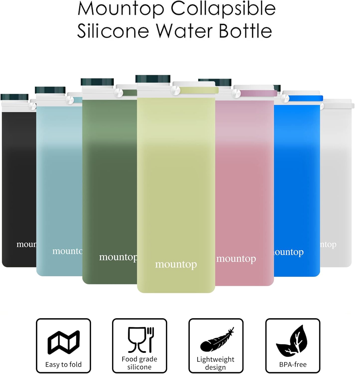 Botella de agua plegable, portátil de silicona de grado alimenticio, plegable, reutilizable, a prueba de fugas, para viajes, correr, fitness, sin