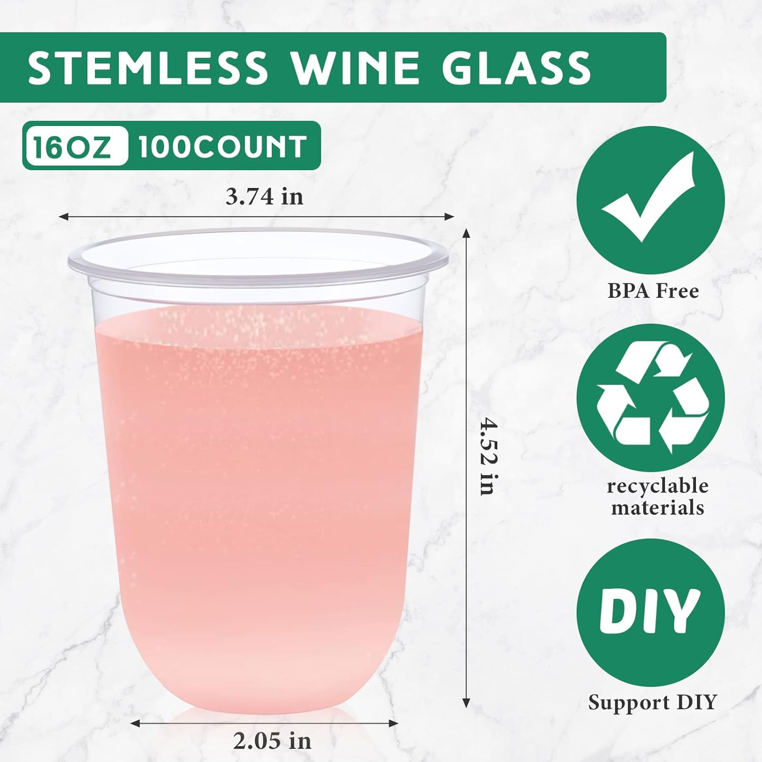 Ziliny 100 copas de vino de plástico sin tallo, desechables, de plástico transparente, para fiestas, bodas, cumpleaños, cócteles (16 onzas)