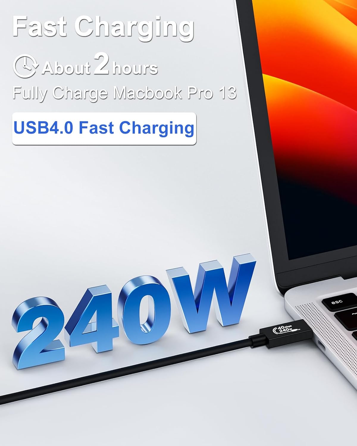 Cable corto USB4 de 5 pies, soporta pantalla HD única de 8KDual 4K 60Hz, transferencia de datos de 40 Gbps, cable USB C a tipo C de carga de 240 W,