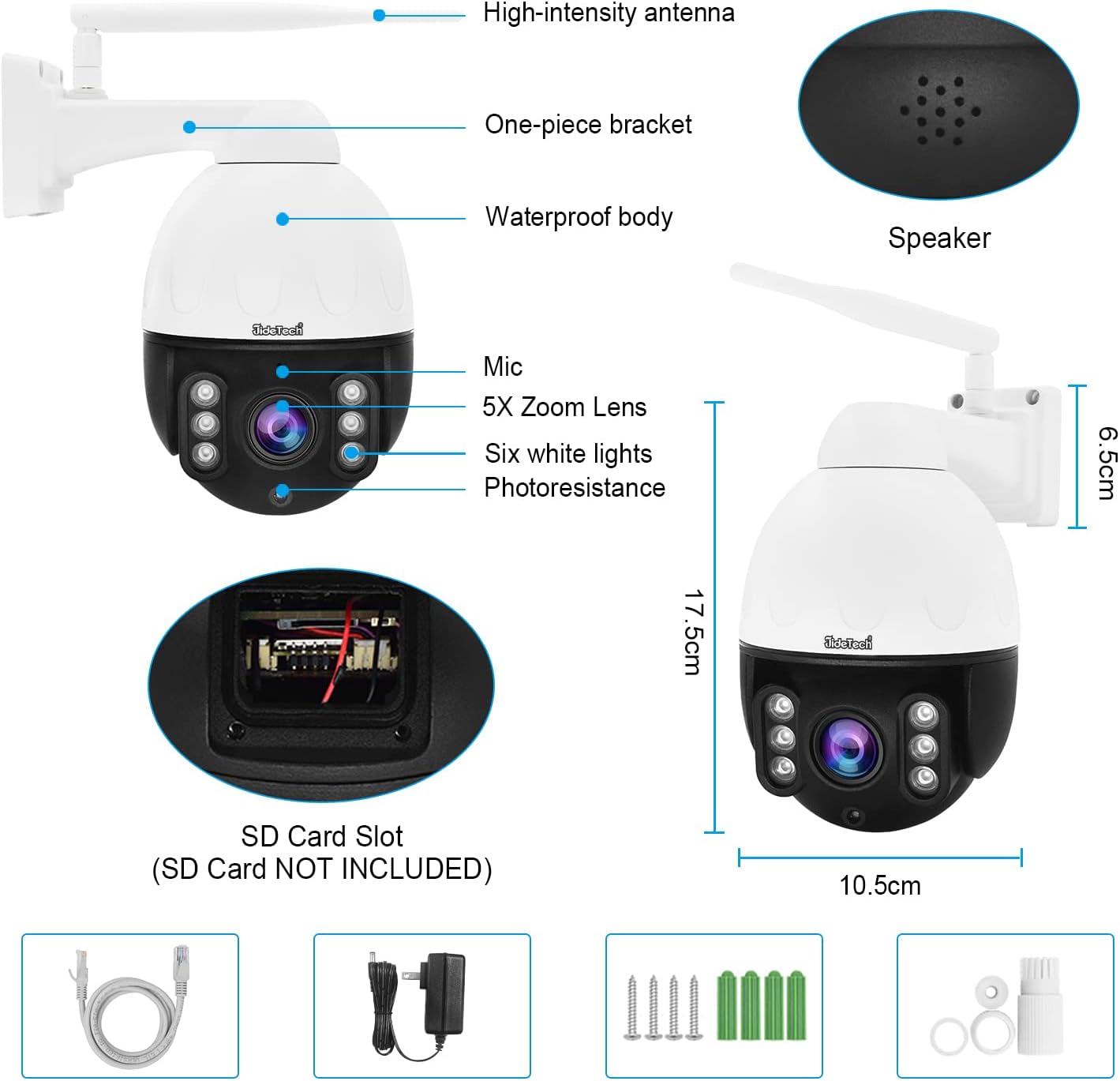 YoLuKe Cámara PTZ al aire libre, 5MP 5X Zoom óptico WiFi Cámara IP con rotación de 360 y distancia de visión de 98.4 ftdetección humana y