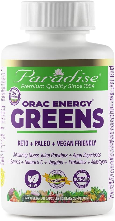 Paradise Herbs ORAC Energy Greens Capsules, Keto, Paleo y Vegano, Sin Gluten, Sin OGM, 120 Cápsulas Vegetarianas