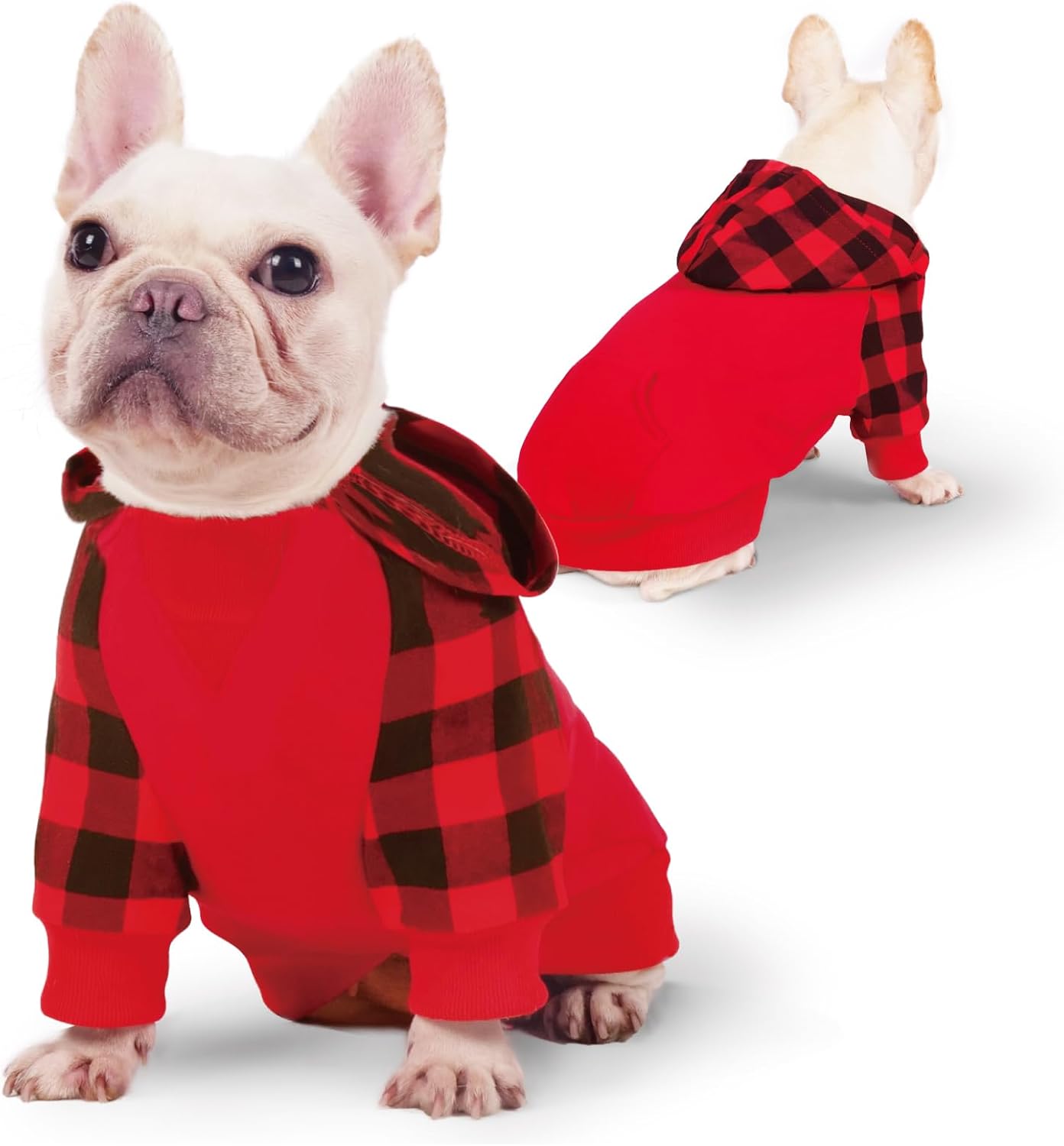 Sudadera con capucha para perro pequeño, 100 % algodón, ropa de perro a cuadros de búfalo para perro, hembra, niño, bulldog francés, ropa de