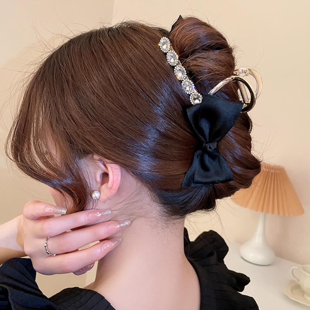 Wiwpar Pinzas de garra de lazo negro con diamantes de imitación de cristal para cola de caballo gruesa, pasador de pelo de sujeción fuerte, pinzas
