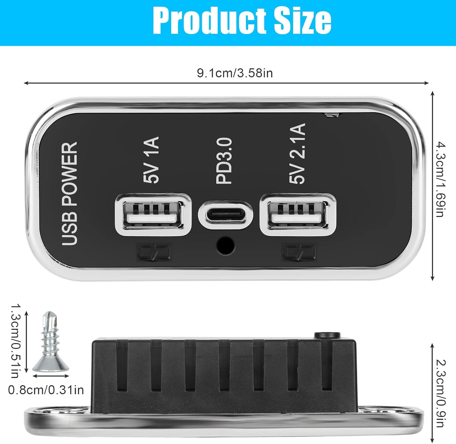 3 puertos de salida USB de 12 V, puerto USB A dual 3.1A, puerto tipo C PD QC 3.0 carga súper rápida compatible con teléfono 14 13 12, S22 S21 S20,
