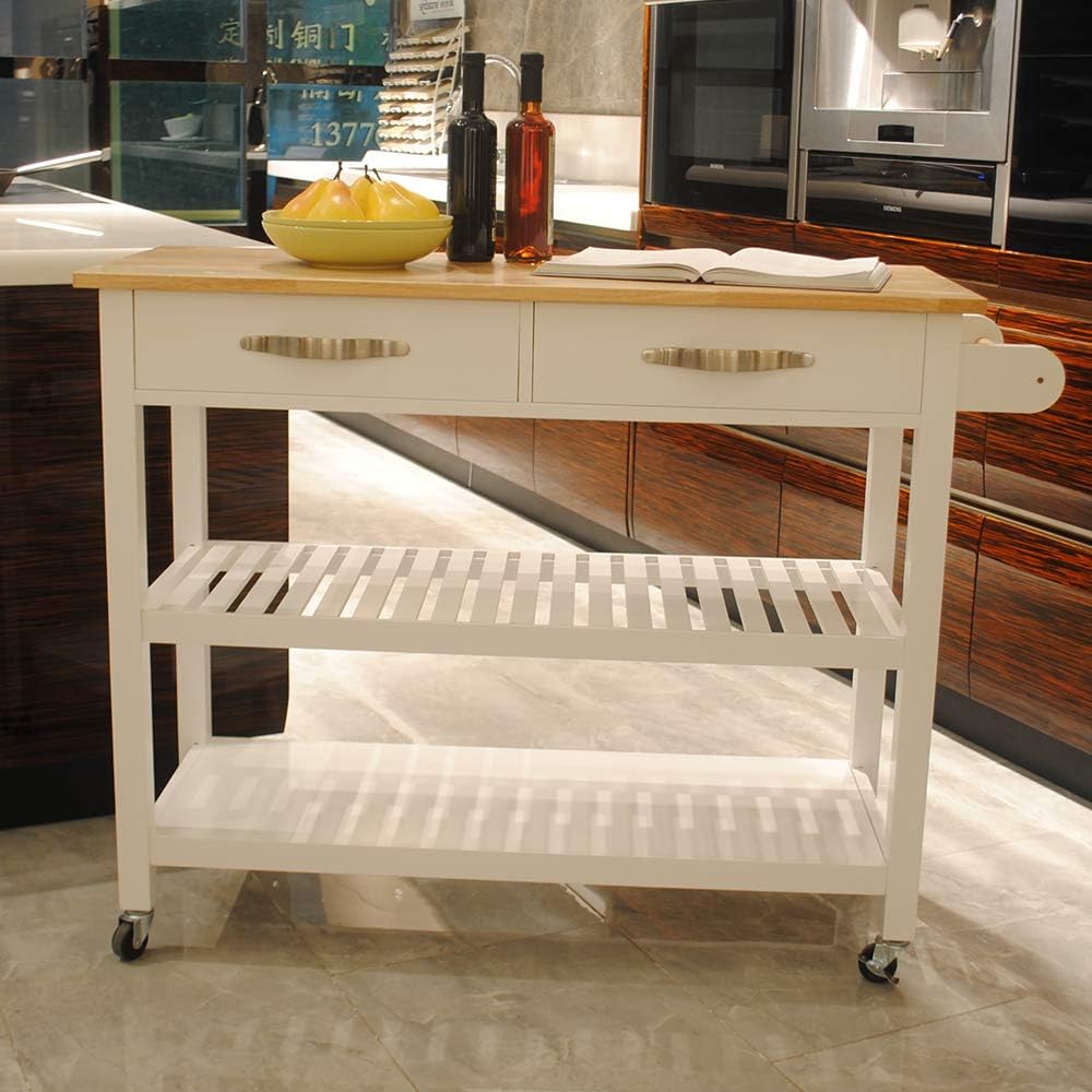 Isla de cocina rodante y carrito de cocina con 2 cajones, 2 estantes de almacenamiento, toallero y dos ruedas giratorias con bloqueo, mesa de