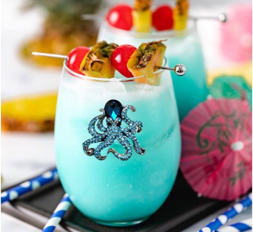THE QUEENS’ JEWELS – Octopus Jeweled – Copa de vino sin tallo, 21 oz. – Deslumbrante y único – Cristalería decorada a mano – No pintada