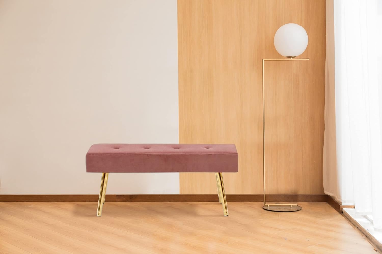 Polibi Moderno banco lateral de cama, taburete largo tapizado de terciopelo copetudo con patas doradas para dormitorio, entrada, sala de estar