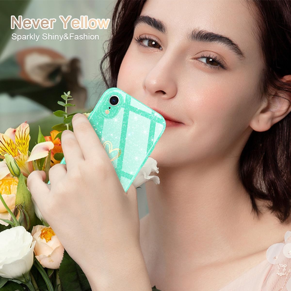 Funda para iPhone XR, purpurina transparente con 1 protector de pantalla de vidrio templado Funda protectora de silicona suave a prueba de golpes